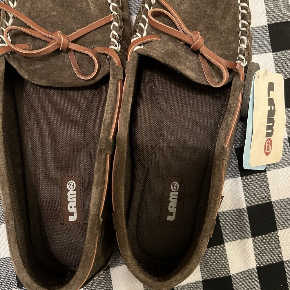 Lam Moccasins Womens Size 10 Brown Suede Leather House Shoes Slippers Comfort - Picture 5 of 6